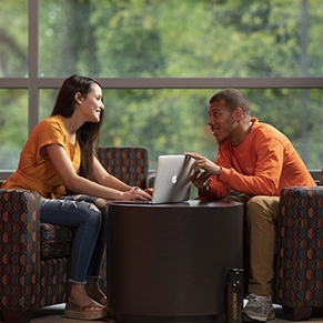 Student meeting one-on-one with a mentor.